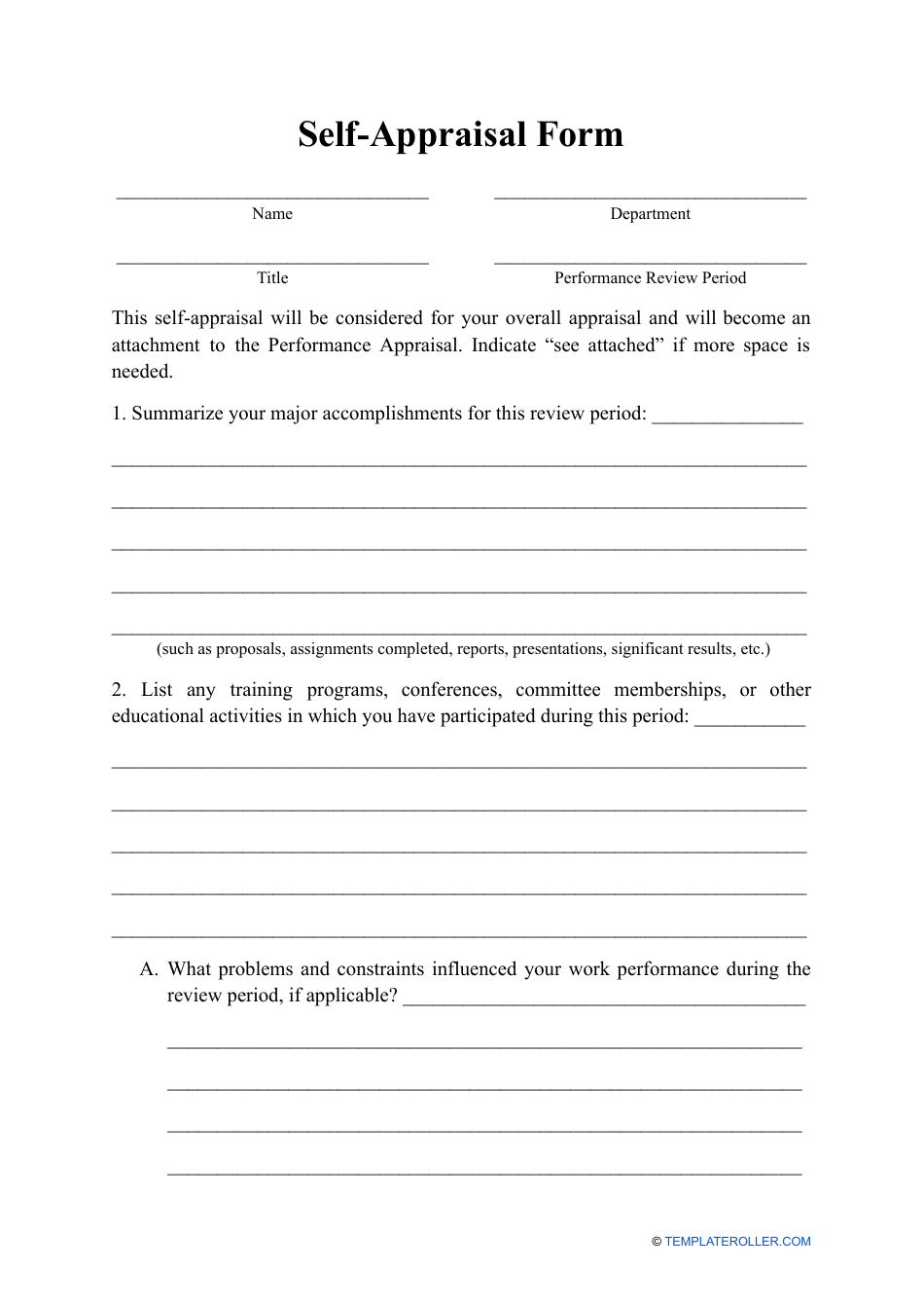 Self-appraisal Form, Page 1