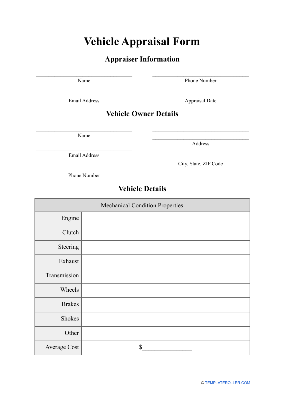 Vehicle Appraisal Form, Page 1