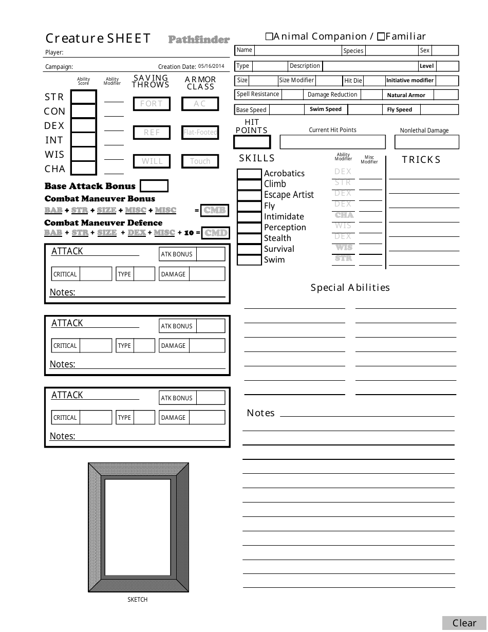 A preview image of a Pathfinder character sheet featuring an Animal Companion/Familiar.