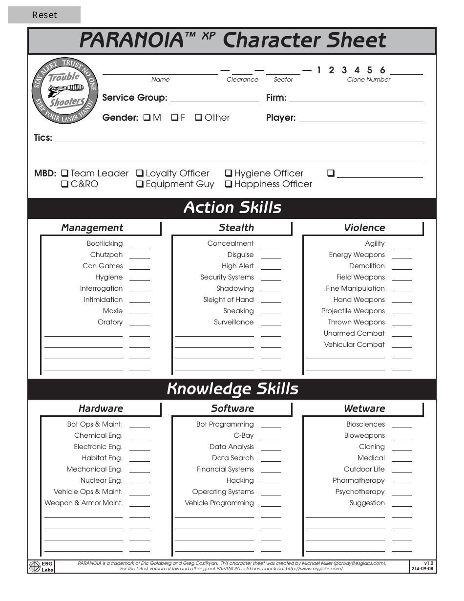 Paranoia XP character sheet template - Modern and detailed design