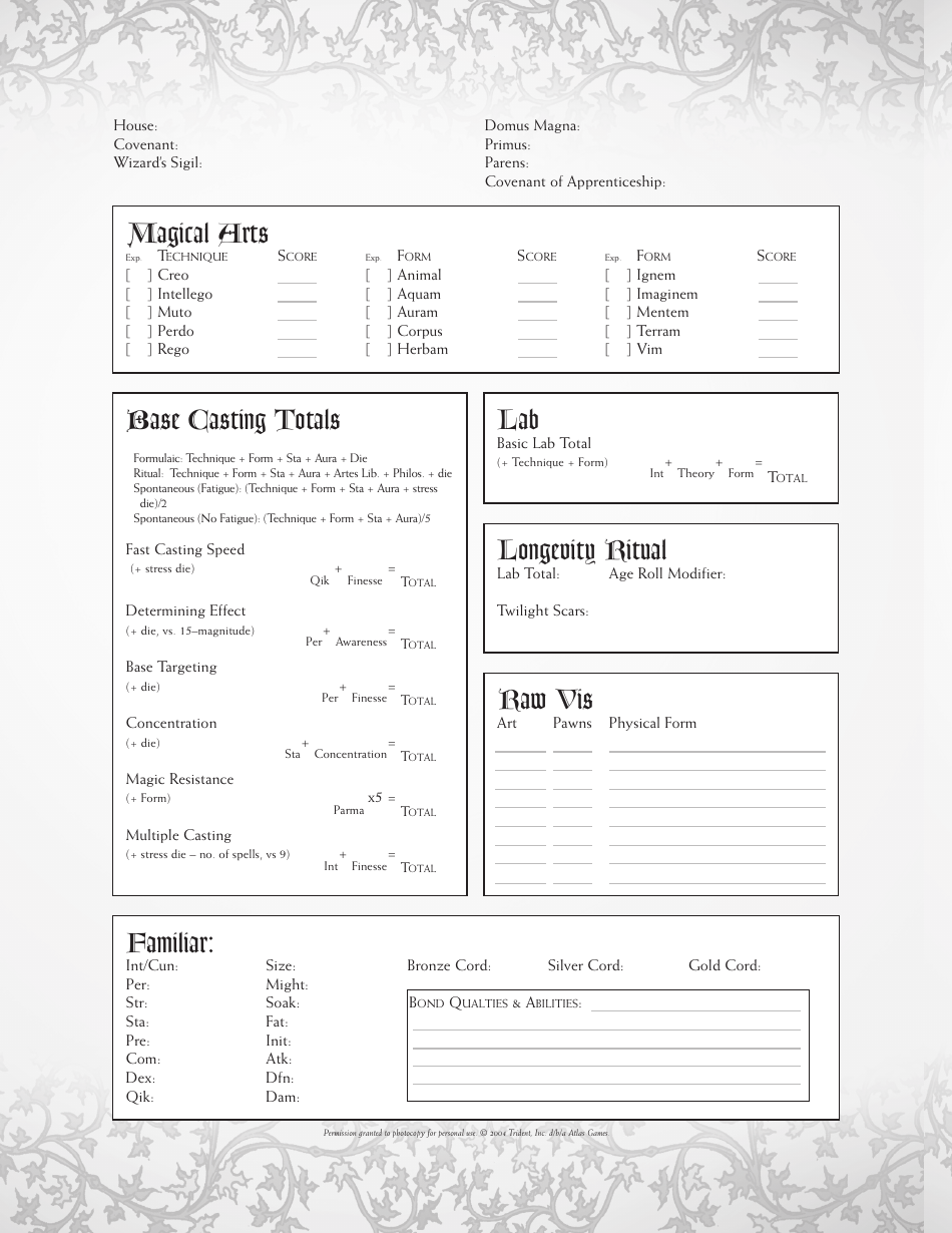 Ars Magica Fifth Edition Character Sheet, Page 3