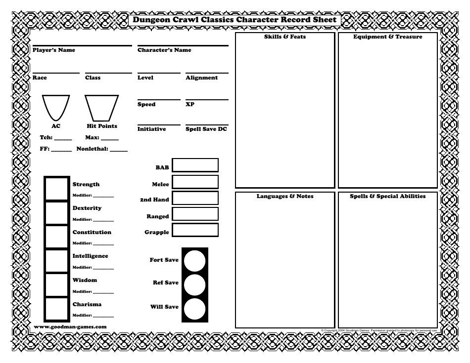 Dungeon Crawl Classics Character Sheet - Preview Image