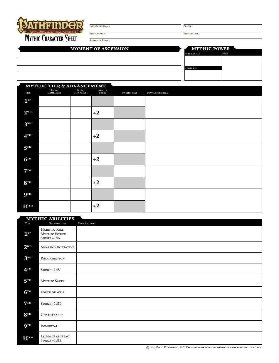 Pathfinder Mythic Character Sheet - Fillable and Printable Template