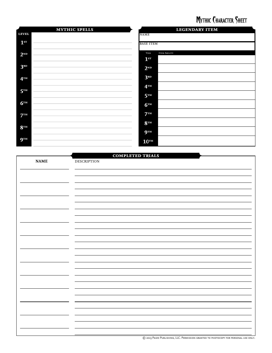 Pathfinder Mythic Character Sheet Download Printable PDF | Templateroller