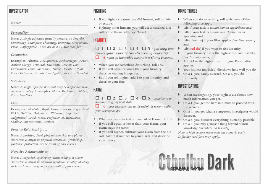 Cthulhu Dark Character Sheet