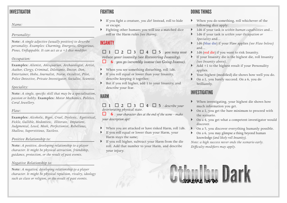 Cthulhu Dark Character Sheet Download Printable PDF | Templateroller