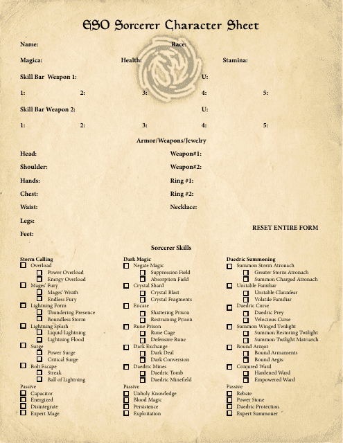 ESO Sorcerer Character Sheet Preview