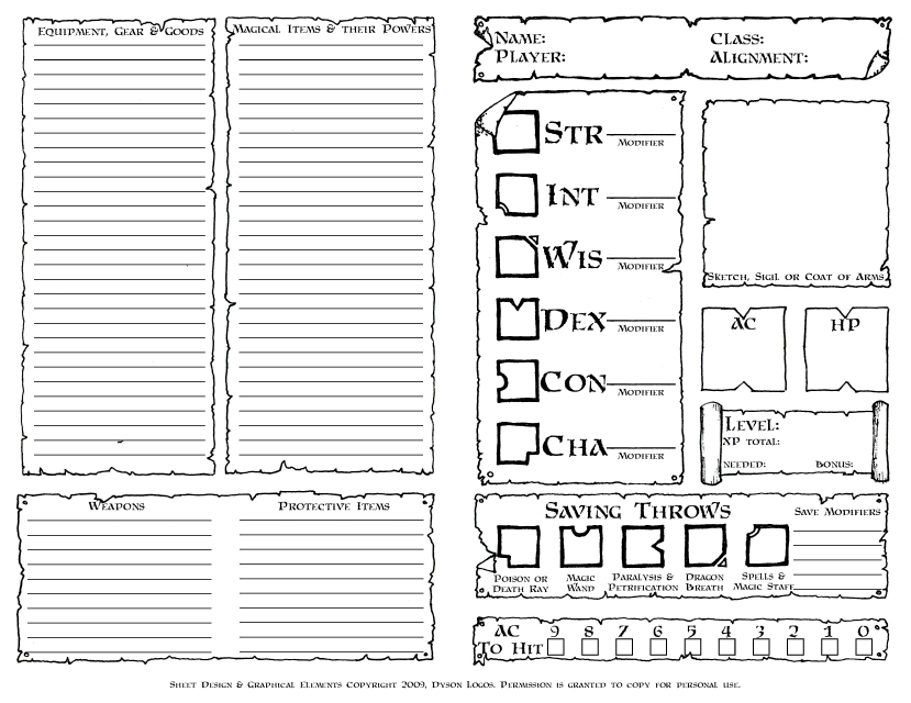 RPG Character Sheet with Inventory Tracking Sheet Preview