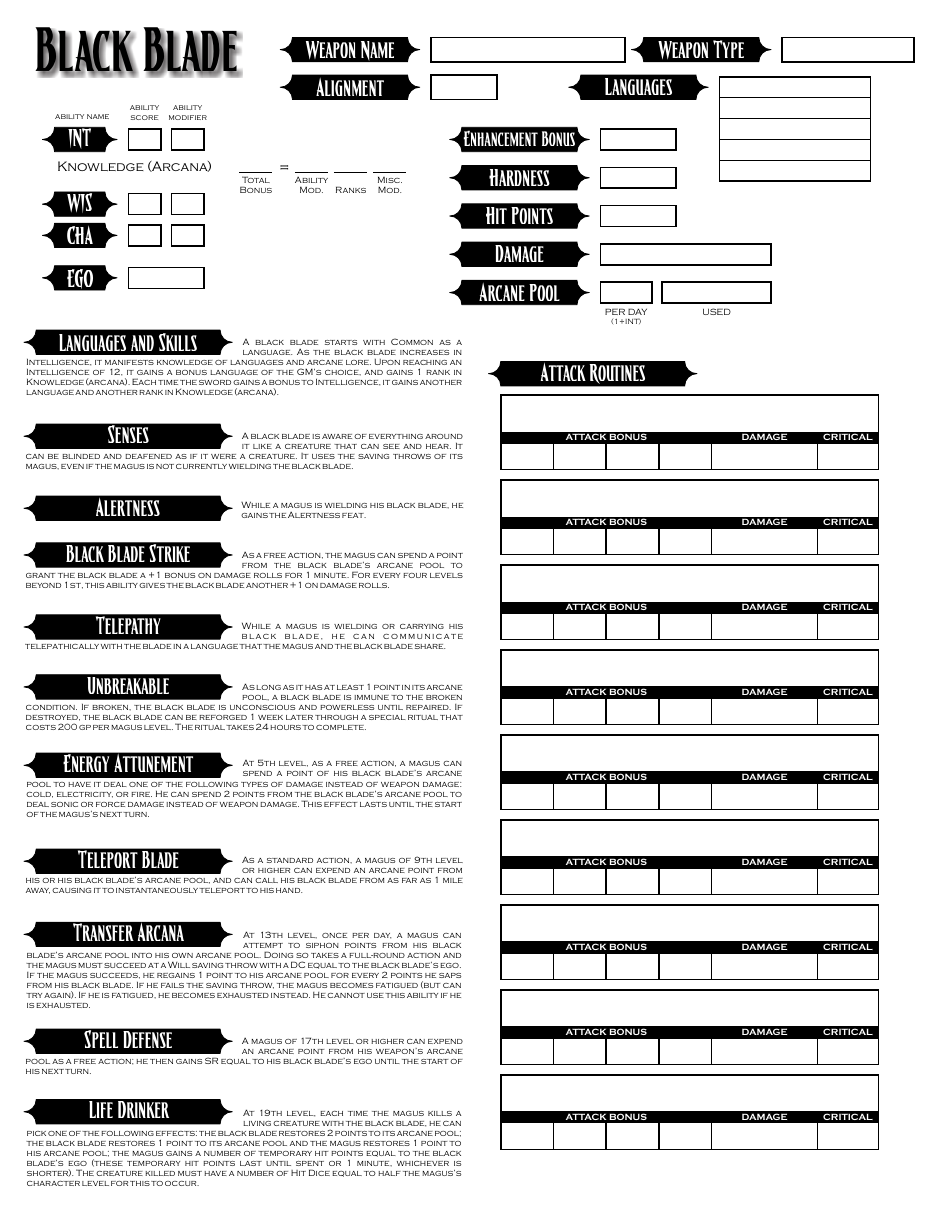 Black Blade Character Sheet Download Printable PDF | Templateroller