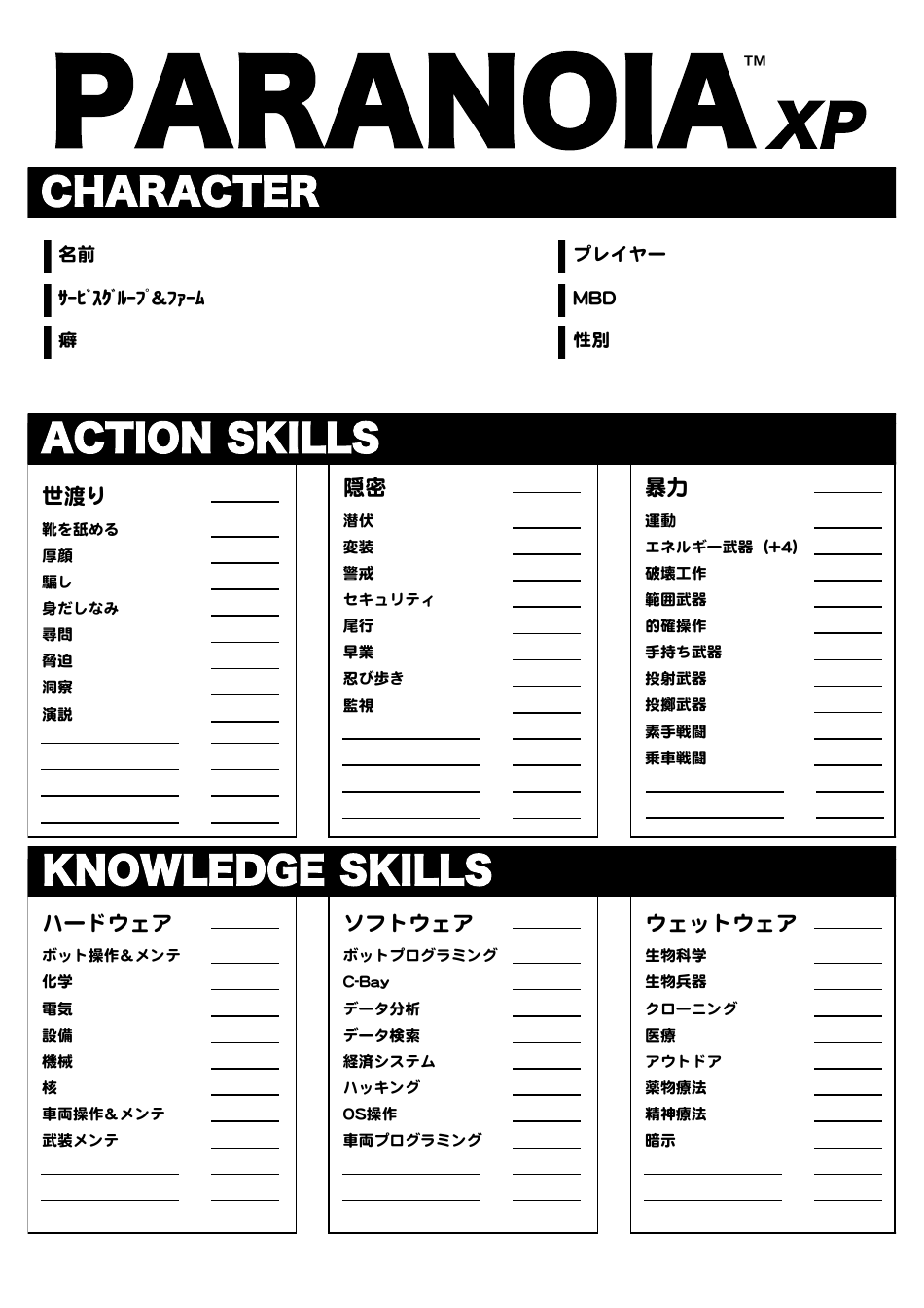 Paranoia XP Character Sheet (Japanese)