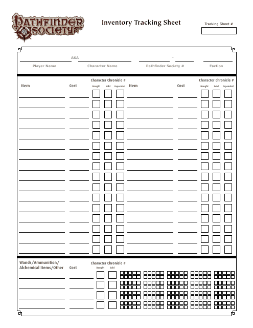 Pathfinder Society Inventory Tracking Sheet Image Preview - Paper and pencil icon representing the Pathfinder Society Inventory Tracking Sheet document.