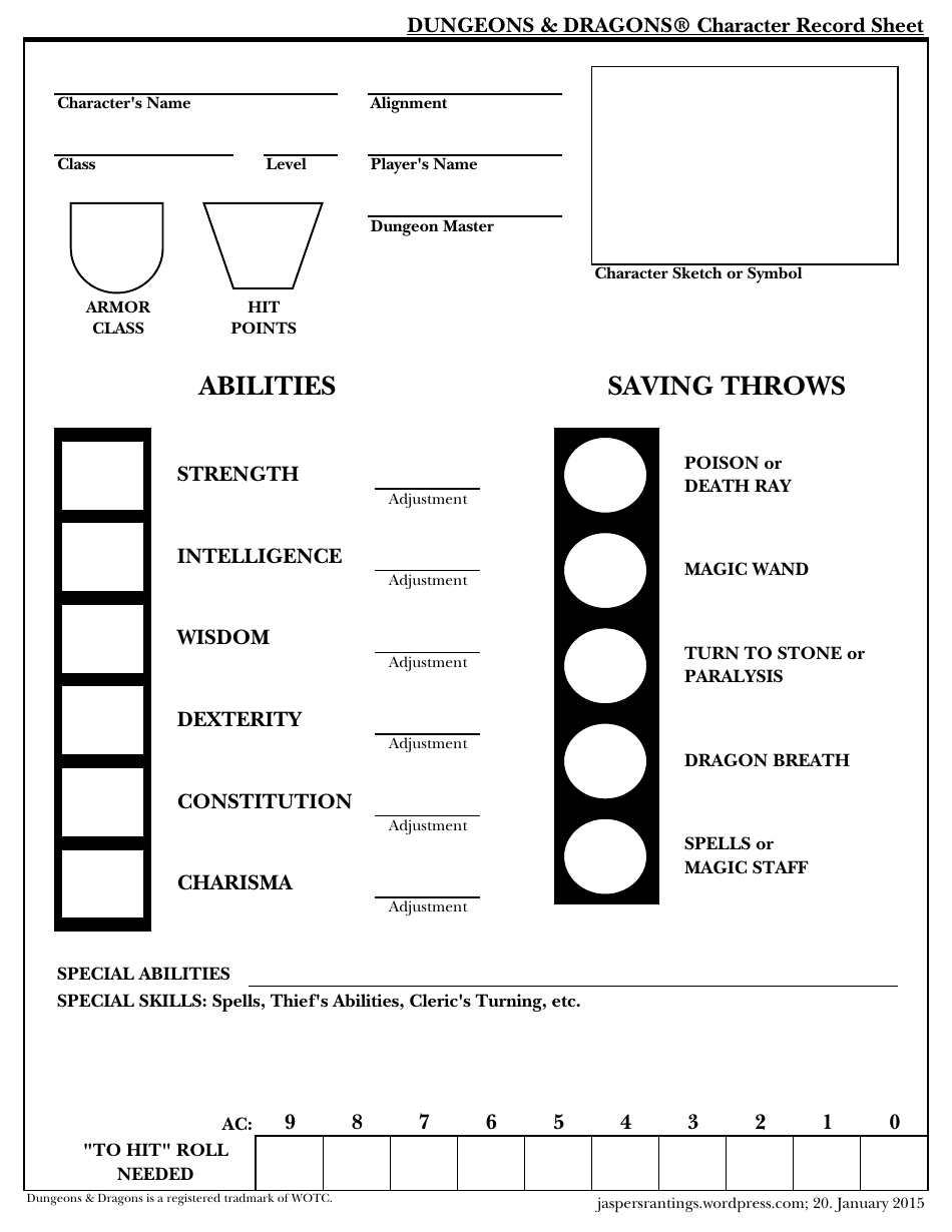 Dungeons & Dragons Simple Character Record Sheet