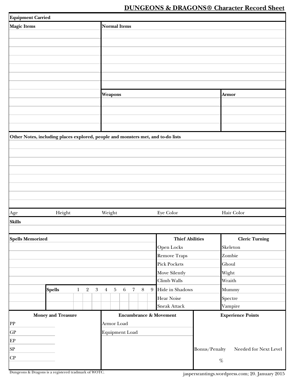 Dungeons & Dragons Simple Character Record Sheet Download Printable PDF ...