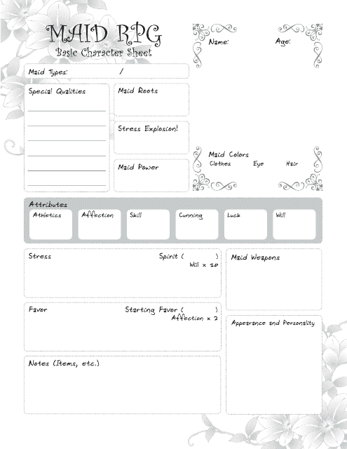 Maid RPG Basic Character Sheet Preview - Templateroller.com