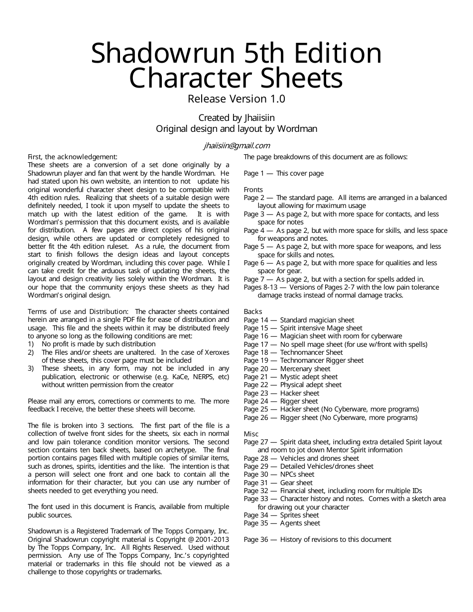 Shadowrun 5th Edition - Character Sheet, PDF