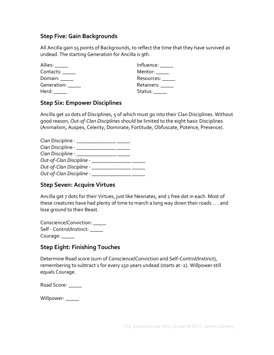 Vampire: the Dark Ages Npc Character Sheet, Page 2