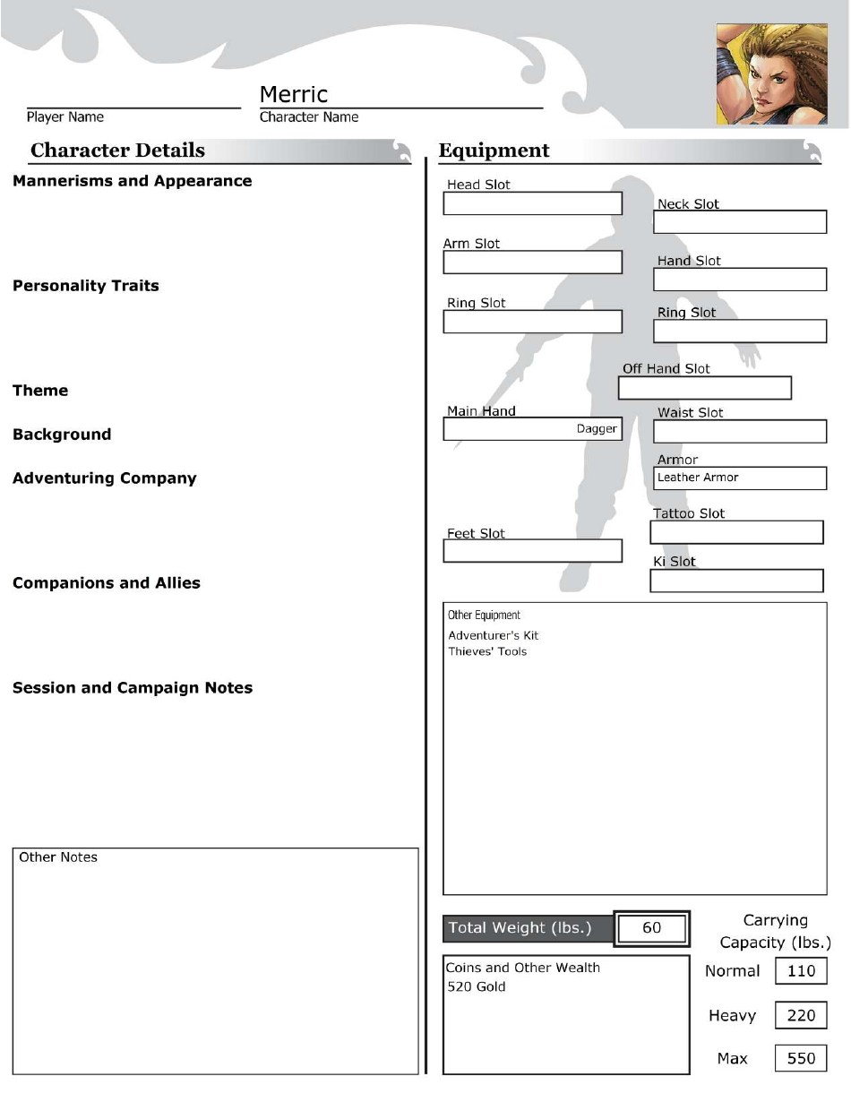 Dungeons  Dragons Good Halfling Thief Character Sheet, Page 3