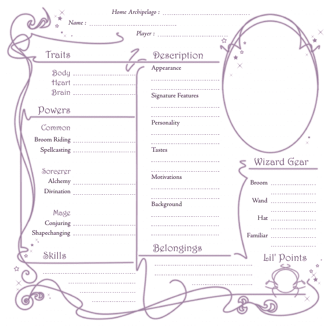 Little Wizards Purple Character Sheet Image - Blank character sheet with purple color scheme for the Little Wizards role-playing game.