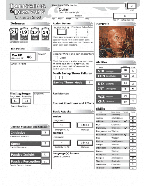 Dungeons & Dragons Good Human Knight Character Sheet