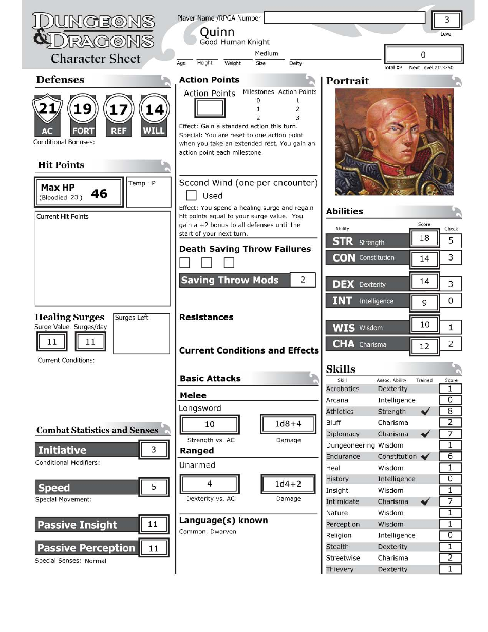 Dungeons and Dragons Good Human Knight Character Sheet Preview Image