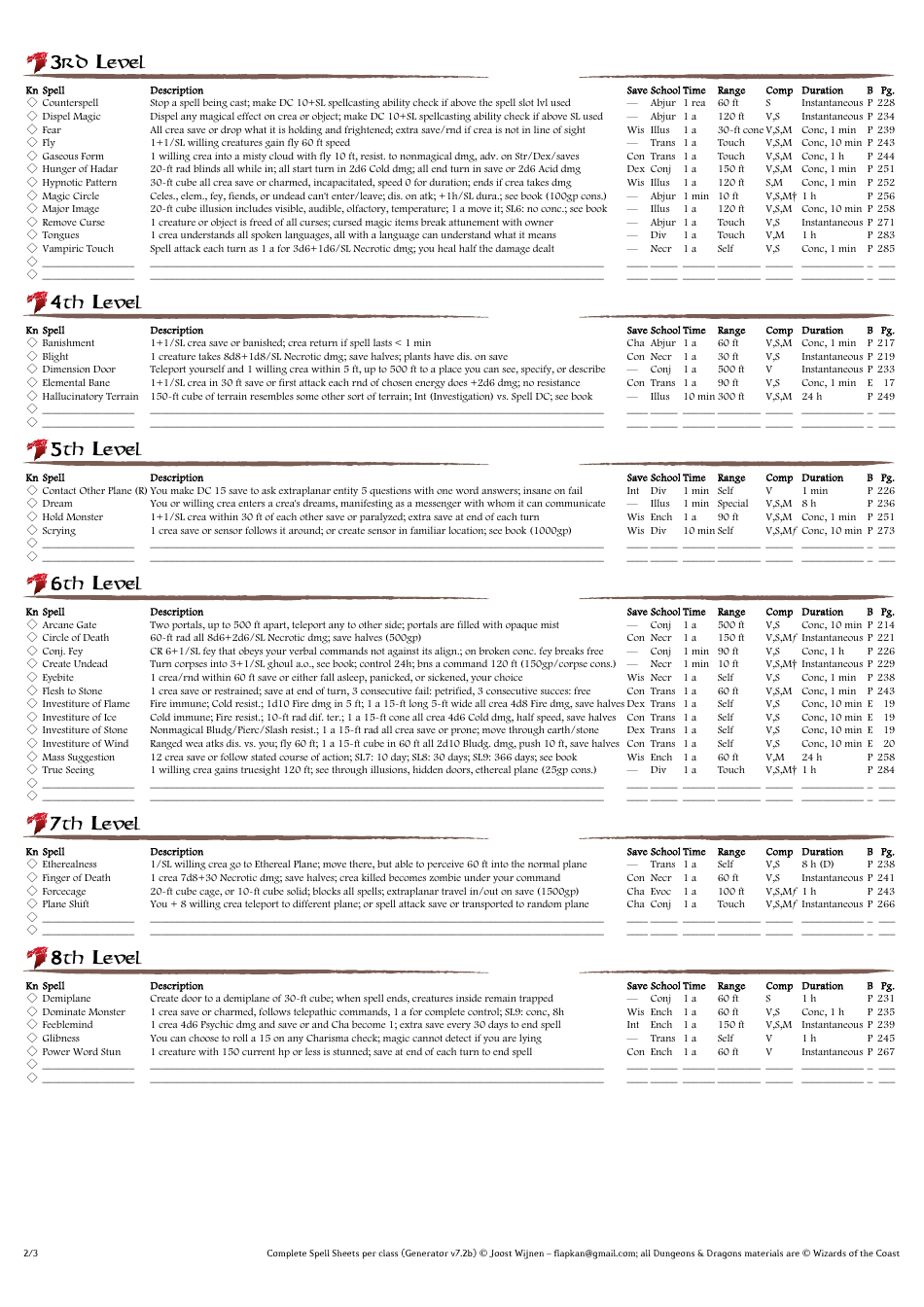 D&d Spells Sheet Download Printable PDF Templateroller