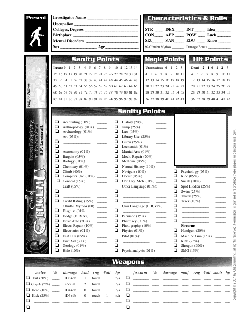 Call of Cthulhu Present Time Character Sheet