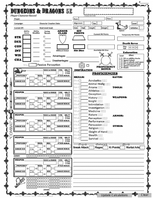 Dungeon & Dragons 5e Player Character Record Sheet