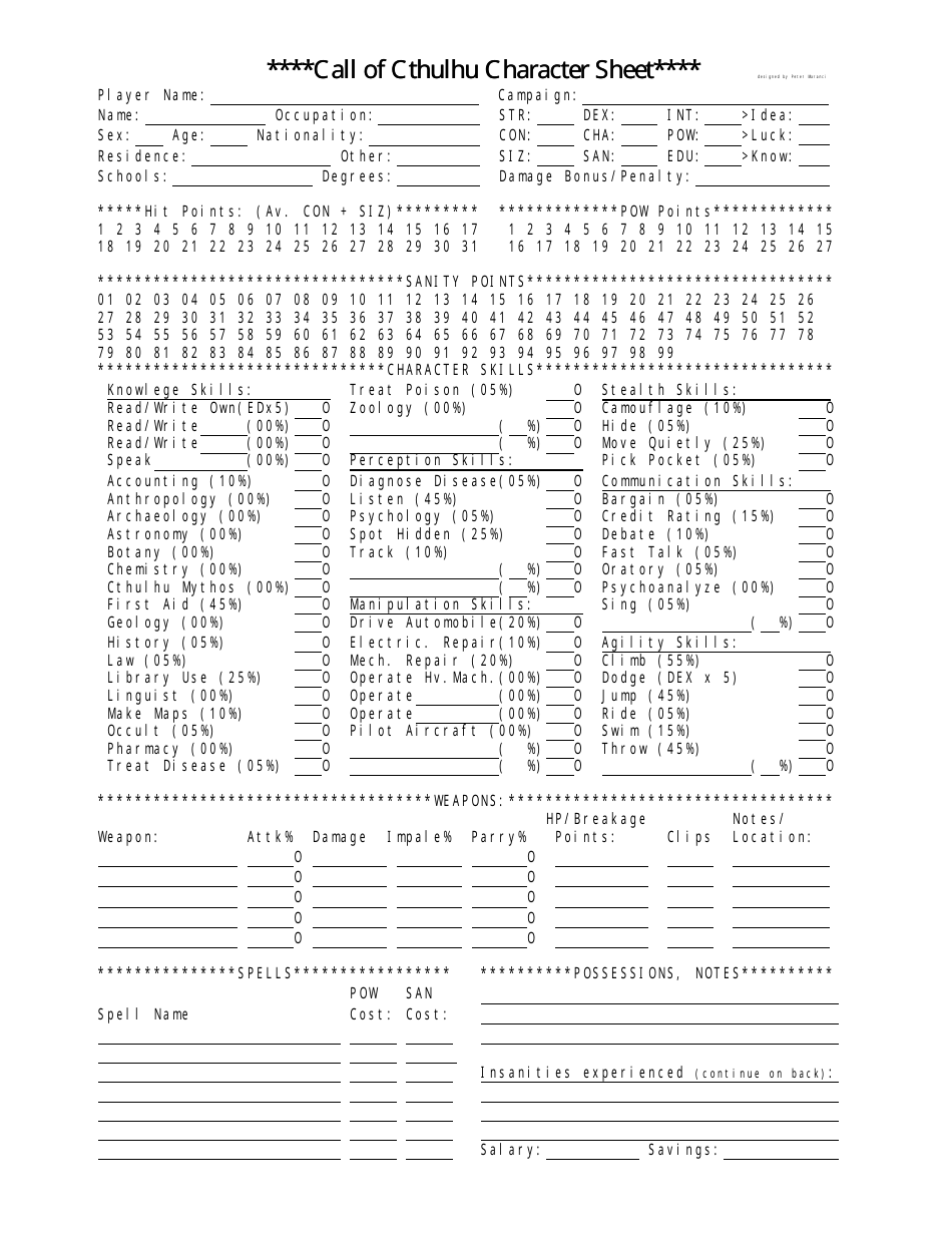 Call of Cthulhu Character Sheet Download Printable PDF Templateroller