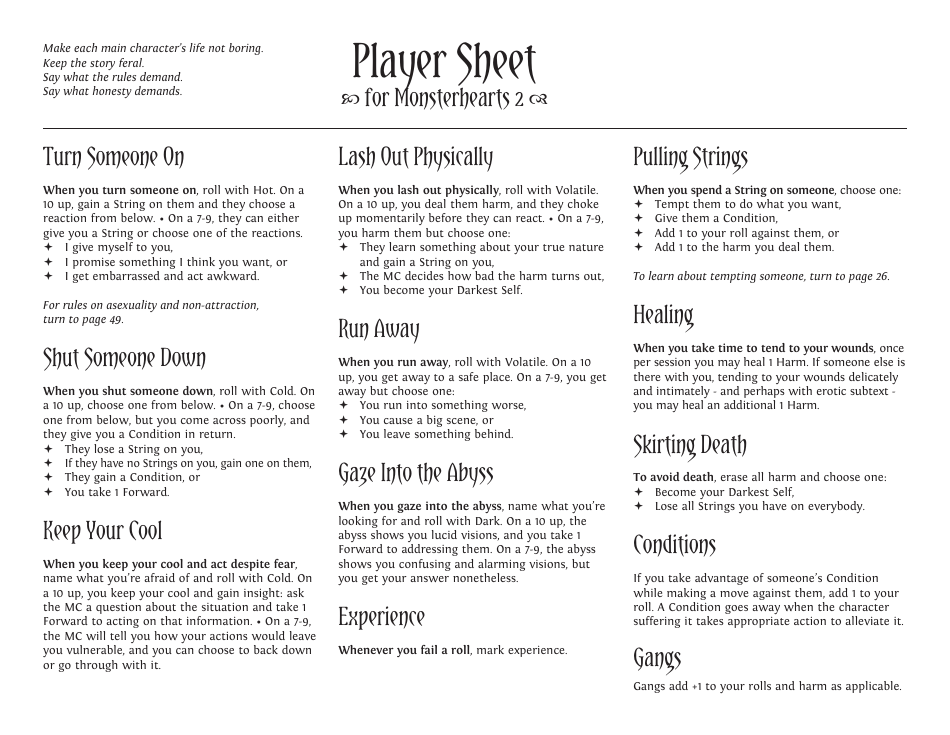 Monsterhearts 2 Character Sheets Download Printable PDF | Templateroller