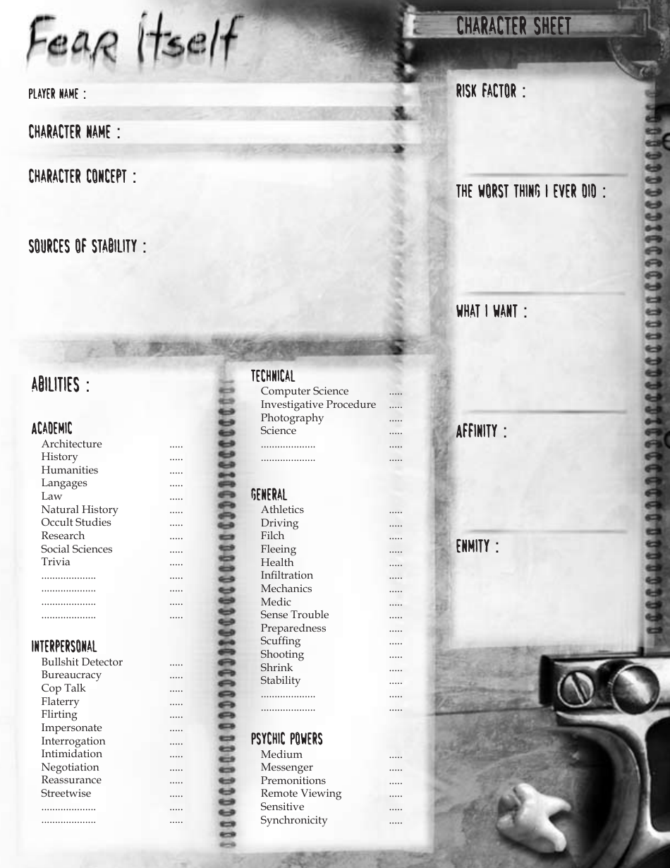 Fear Itself Character Sheet - Printable Character Sheet for Fear Itself Roleplaying Game