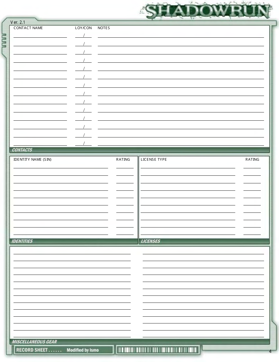 Shadowrun Character Sheet - Green, Page 4