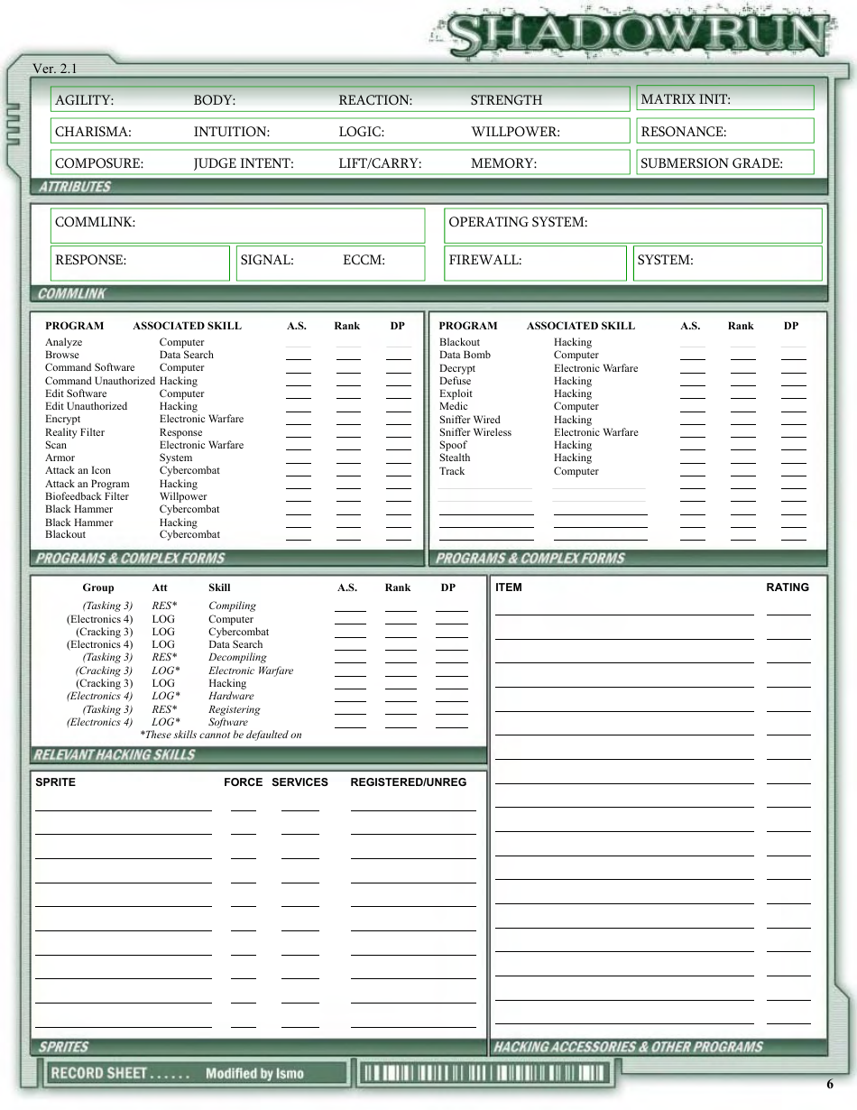 Shadowrun Character Sheet - Green, Page 6
