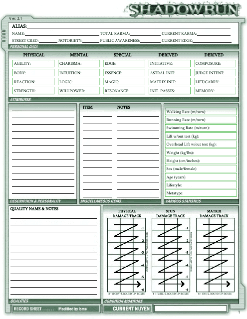Shadowrun Character Sheet - Green