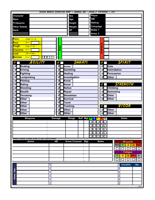 Savage Worlds Interactive Character Sheet - An electronic document designed for use with the popular Savage Worlds role-playing game system, featuring a user-friendly interface and interactive elements.