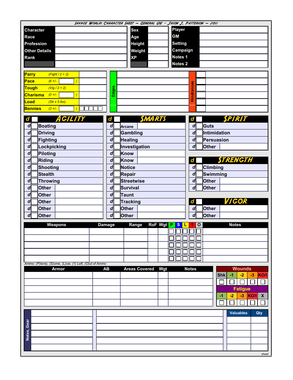 Savage Worlds Printable Character Sheet Free Printable Templates