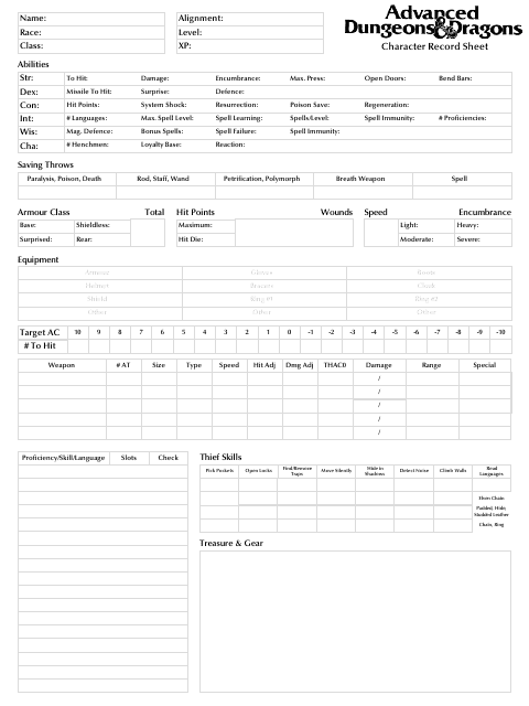 Advanced Dungeons & Dragons Thief Character Record Sheet – Template Image Preview