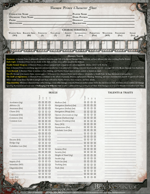 Warhammer 40k Daemon Prince Character Sheet - Black Crusade Image