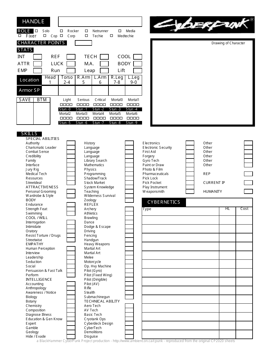 Cyberpunk Two-Sided Character Sheet Download Printable PDF | Templateroller