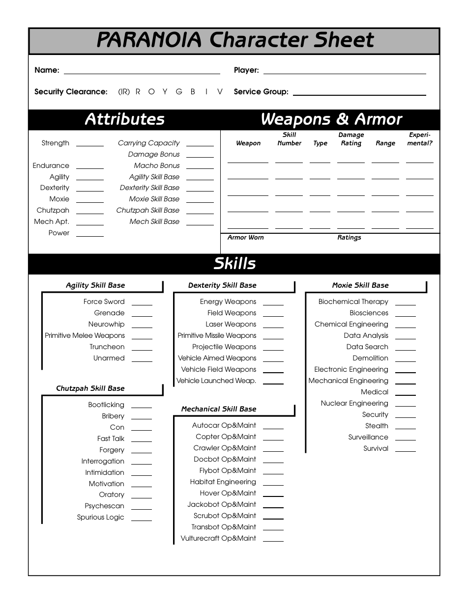 Paranoia Two-Sided Character Sheet Preview
