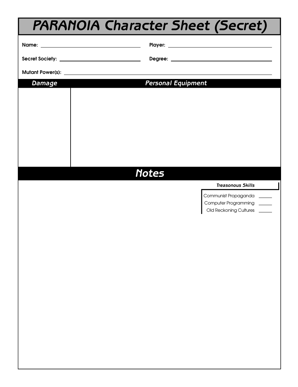 Paranoia Two-Sided Character Sheet, Page 2