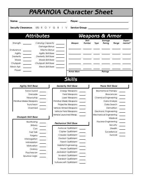 Paranoia Two-Sided Character Sheet Preview