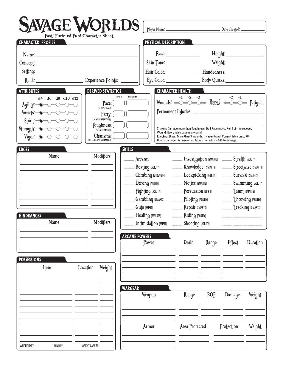 Savage Worlds Character Profile Sheet