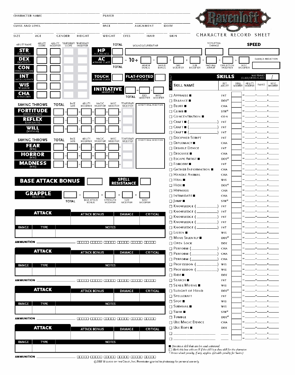 A preview of the Ravenloft Character Record Sheet template