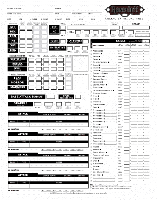 A preview of the Ravenloft Character Record Sheet template