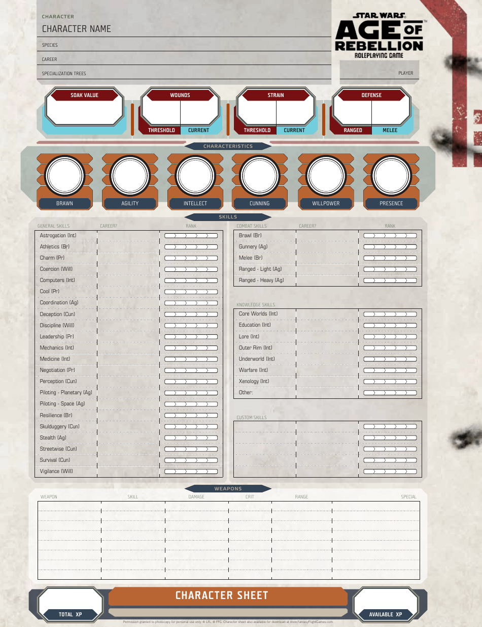 Our customizable Star Wars Age of Rebellion Character Sheet