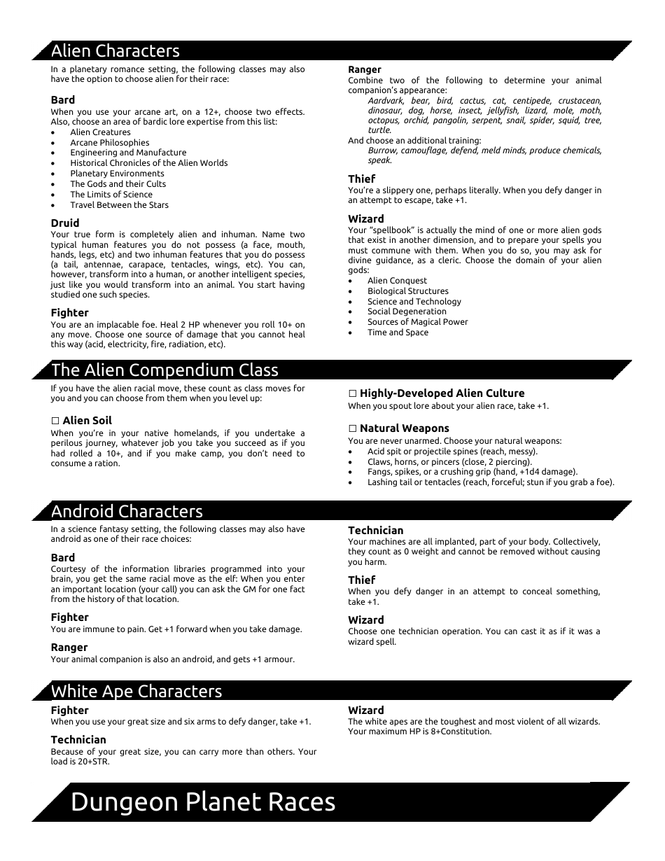 Dungeon Planet Character Sheets, Page 11