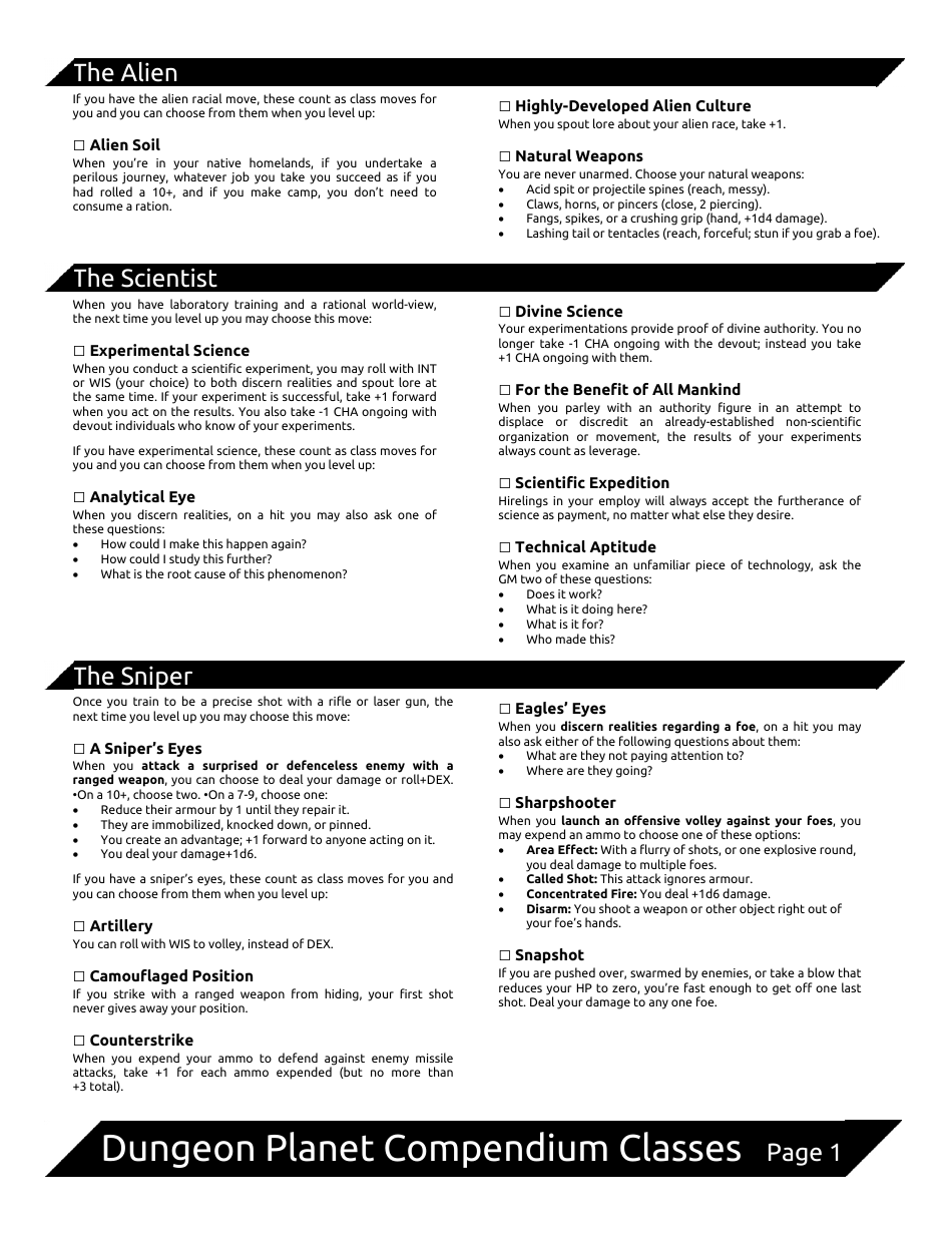 Dungeon Planet Character Sheets, Page 12