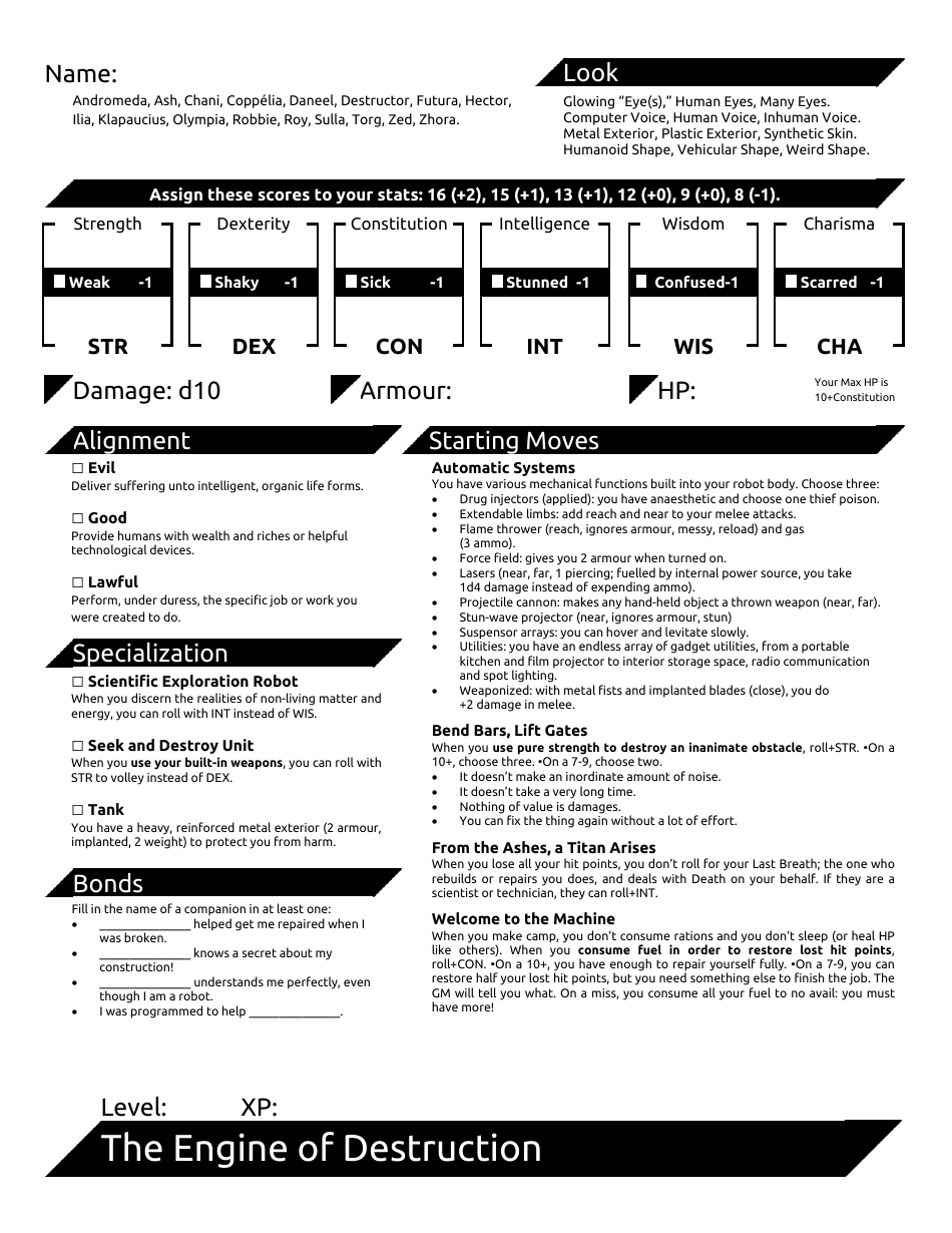 Dungeon Planet Character Sheets, Page 3