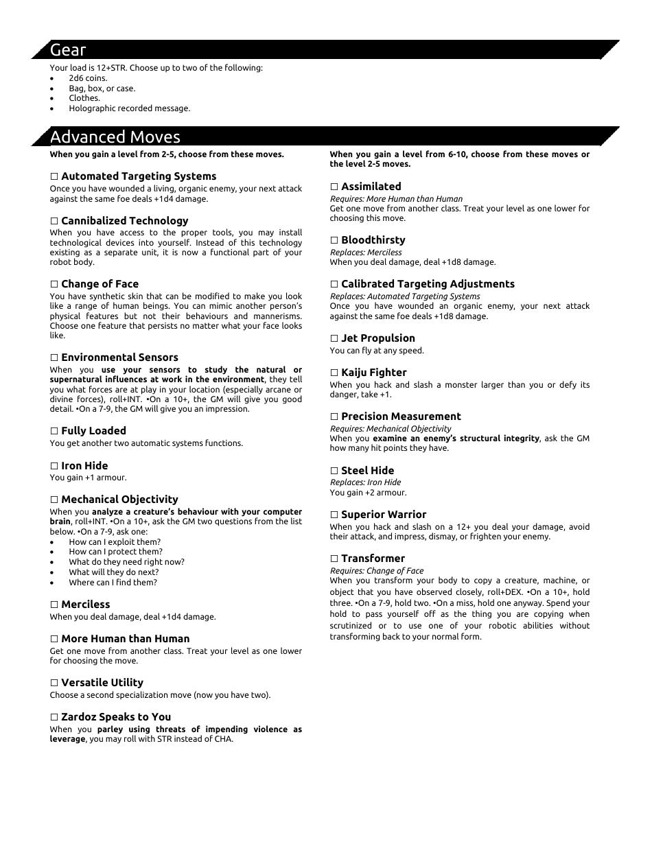 Dungeon Planet Character Sheets, Page 4