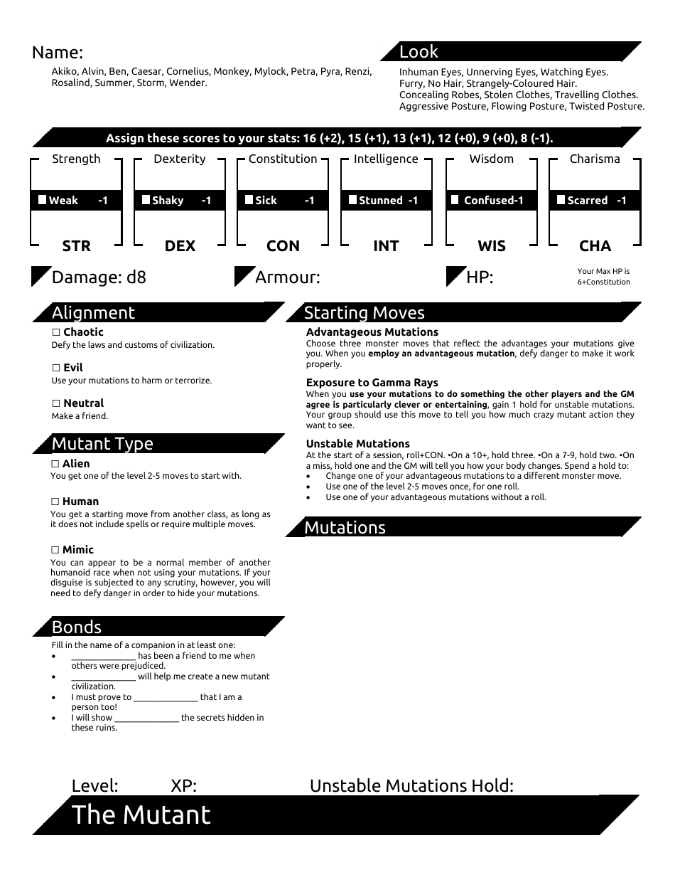 Dungeon Planet Character Sheets, Page 5